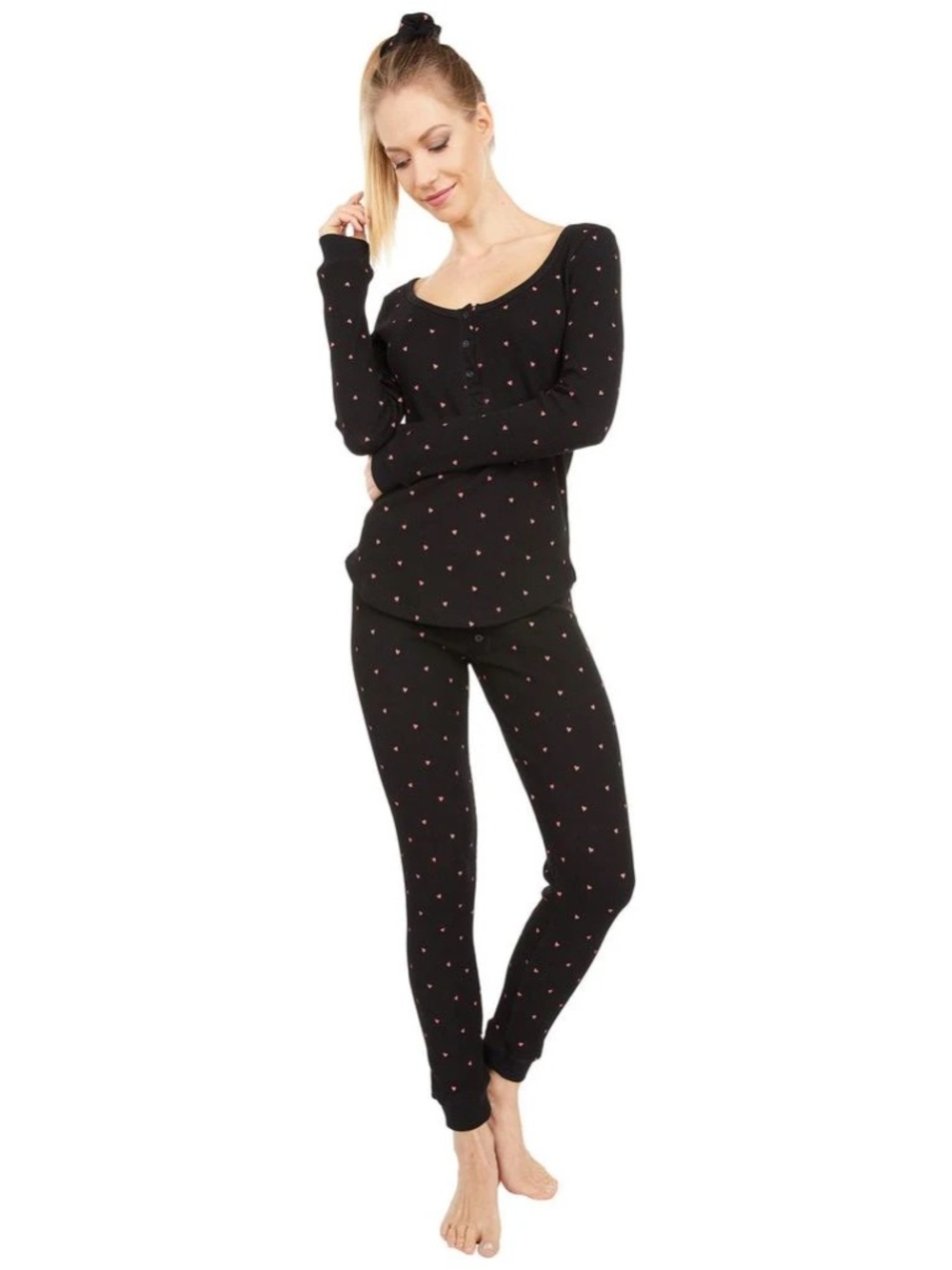 Plush Thermal Heart Pajama Set Women's Black Printed Cotton Scoop Neck Size M